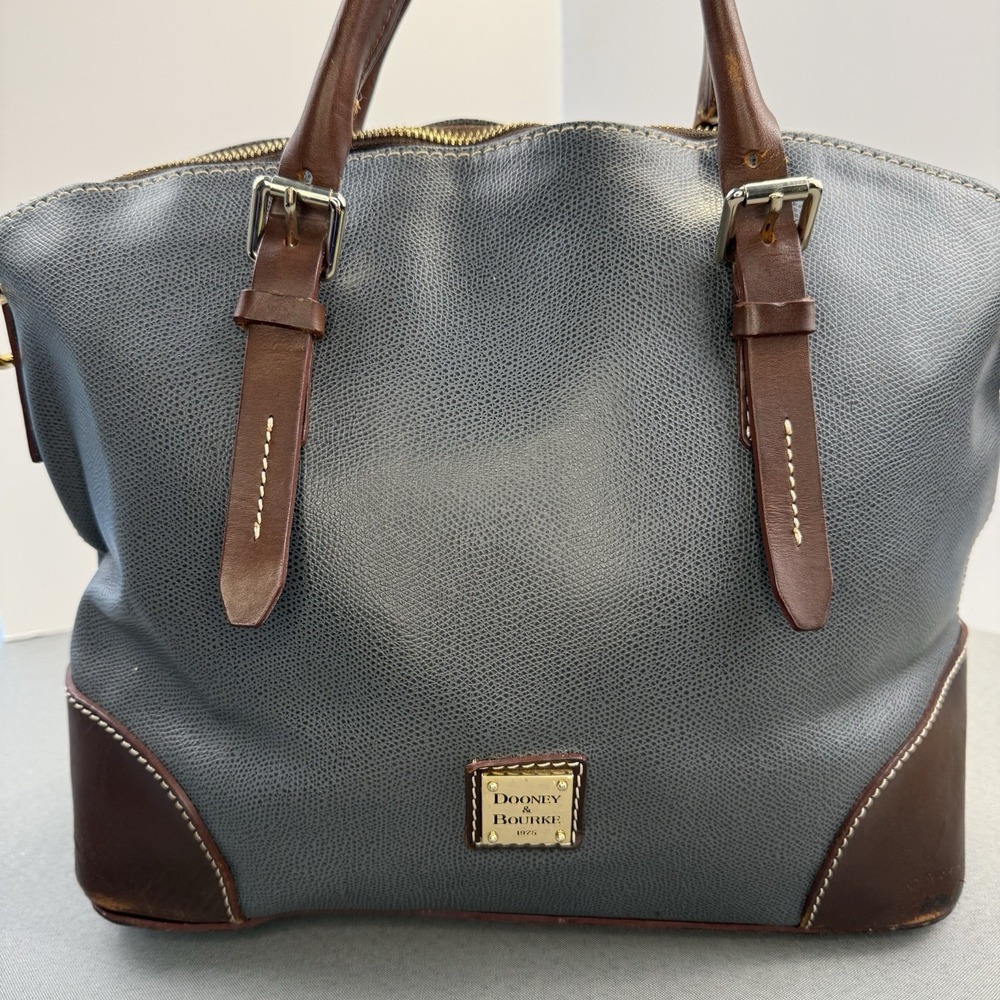 Dooney & Bourke Pebble Grain Leather Domed Satchel in Gray And Brown Zip Top